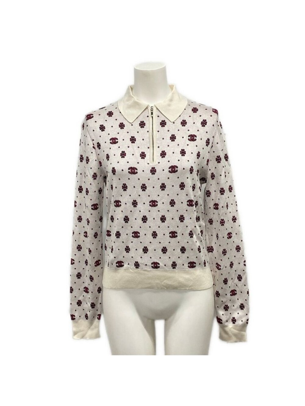 Chanel Long Sleeve Sweater 34 White Pink CC Logo Half Zip Clover Cotton Silk